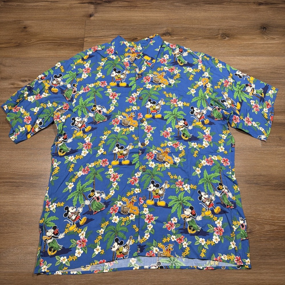 Reyn Spooner Disney Men's LARGE Hawaiian Shirt Mickey Minnie Pluto Blue Rayon